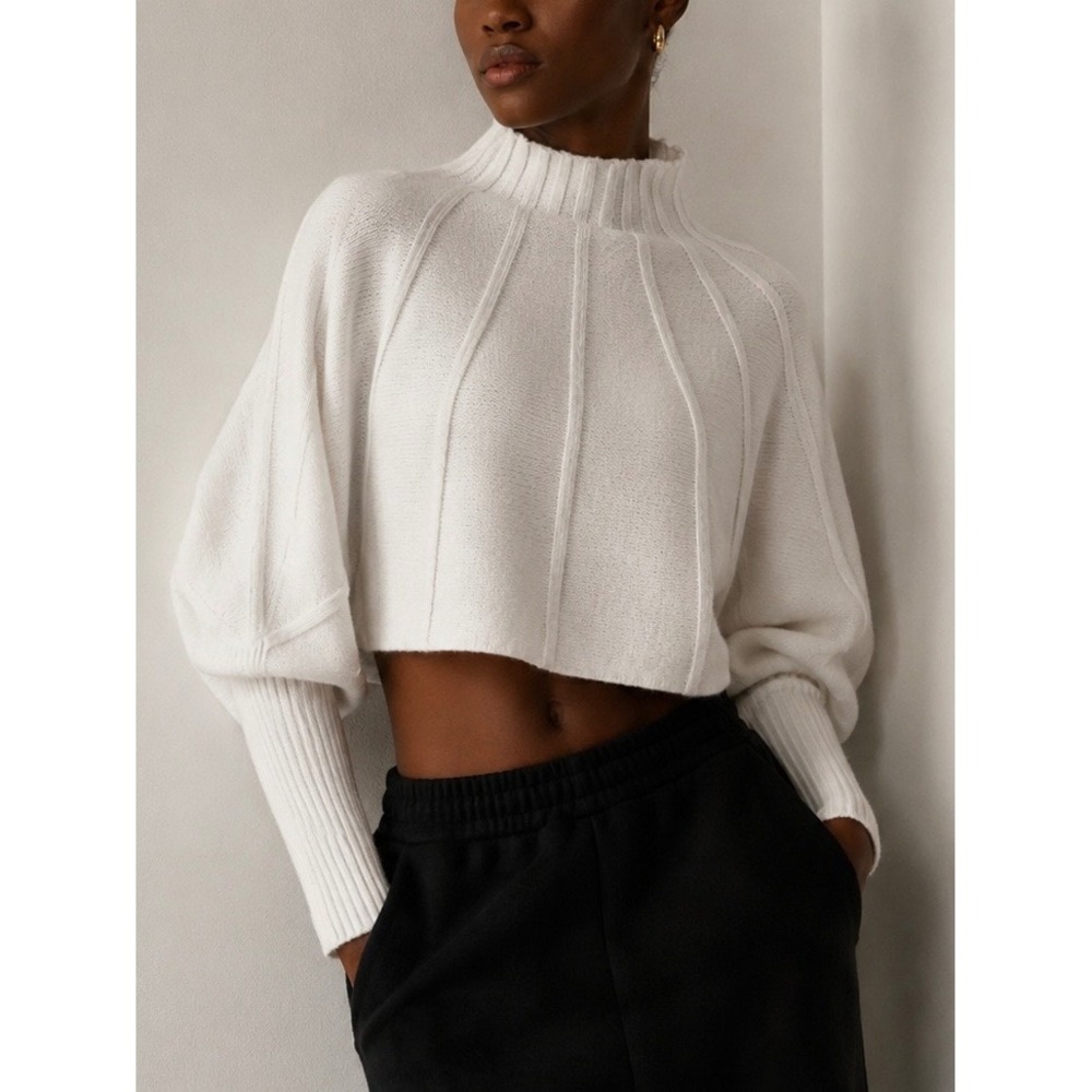 Commense Womens Off-White Ribbed Batwing Mock Neck Sweater Size L